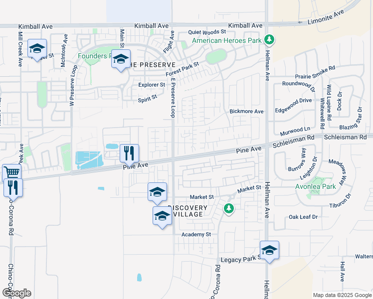 map of restaurants, bars, coffee shops, grocery stores, and more near 8711 Pine Avenue in Chino