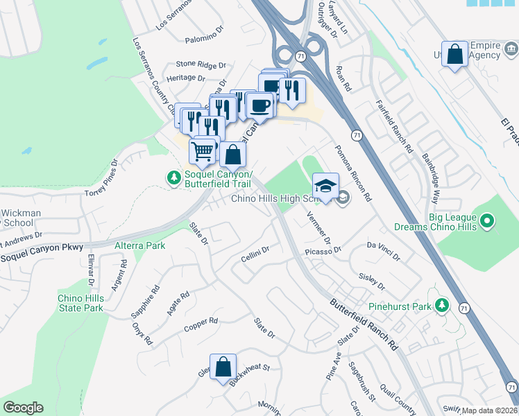 map of restaurants, bars, coffee shops, grocery stores, and more near 16155 Saggio Lane in Chino Hills