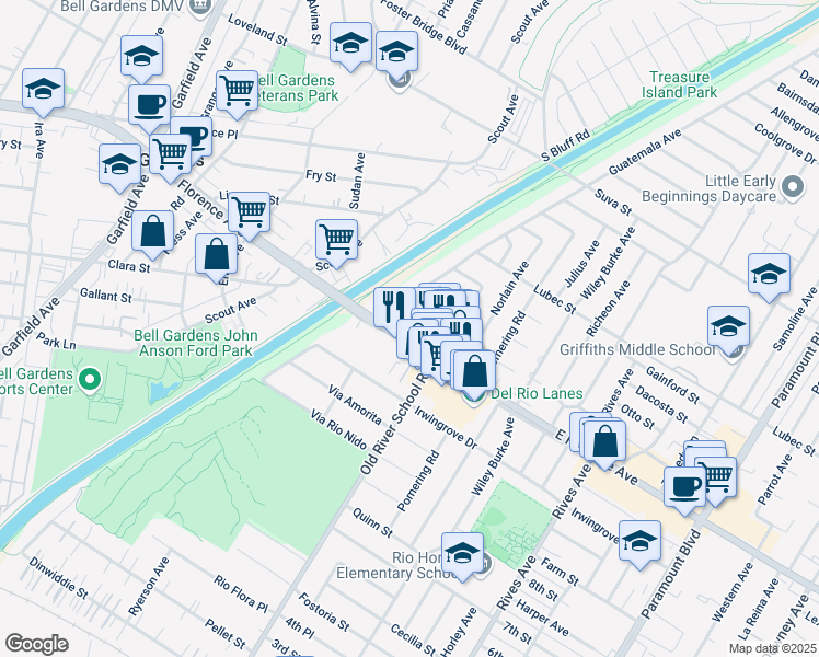 map of restaurants, bars, coffee shops, grocery stores, and more near 10031 Susan Avenue in Downey