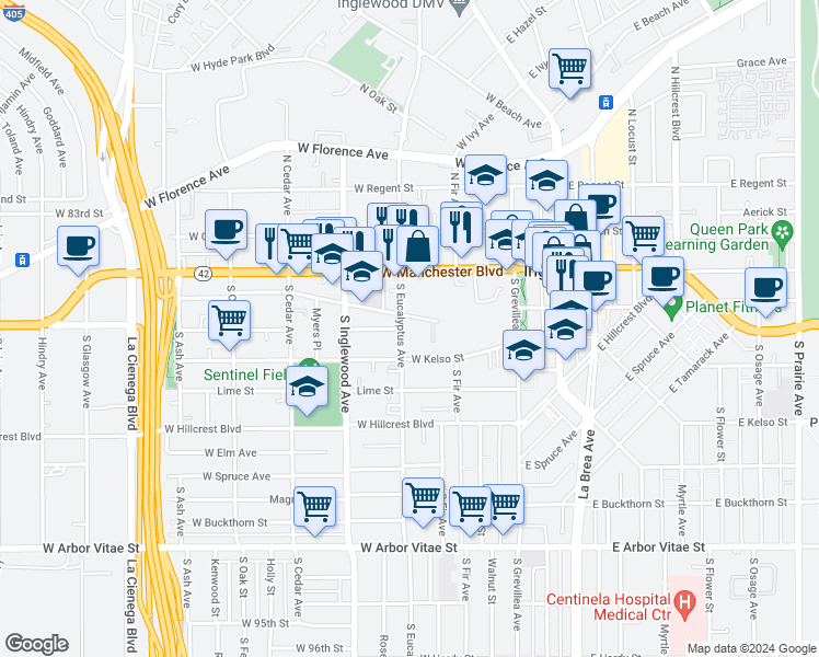 map of restaurants, bars, coffee shops, grocery stores, and more near 236 West Olive Street in Inglewood