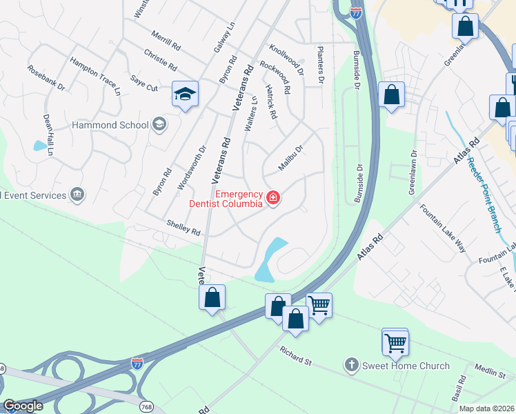 map of restaurants, bars, coffee shops, grocery stores, and more near 7021 John Edward Street in Columbia