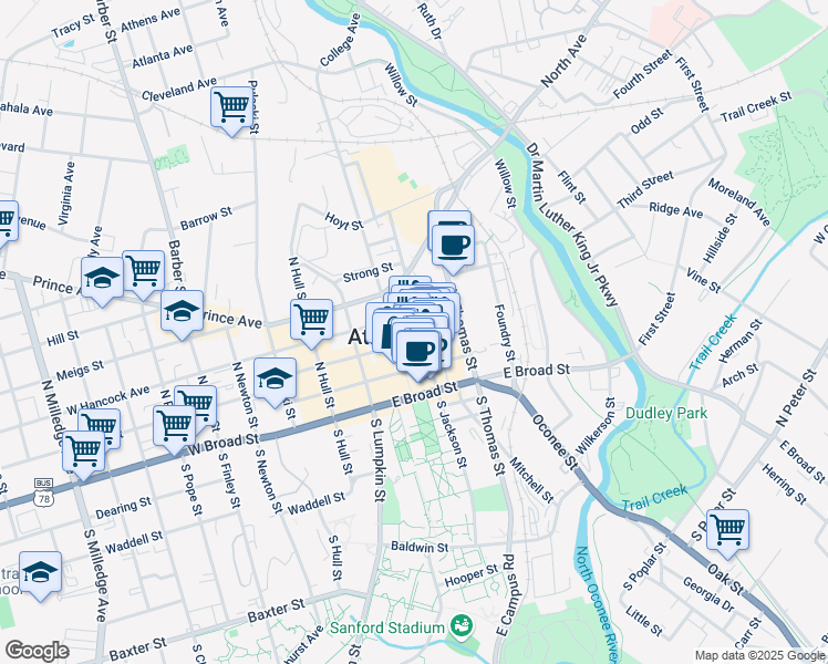 map of restaurants, bars, coffee shops, grocery stores, and more near 325 East Washington Street in Athens