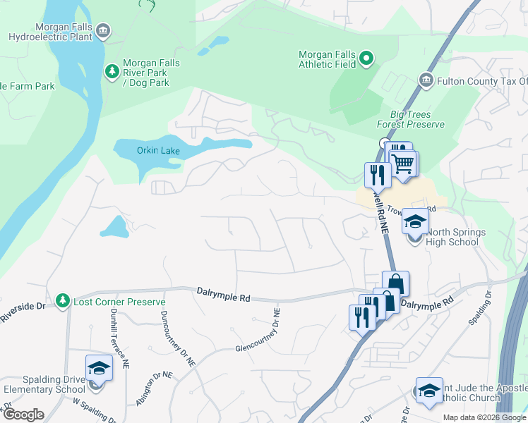 map of restaurants, bars, coffee shops, grocery stores, and more near 7495 Old Maine Trail Northeast in Atlanta