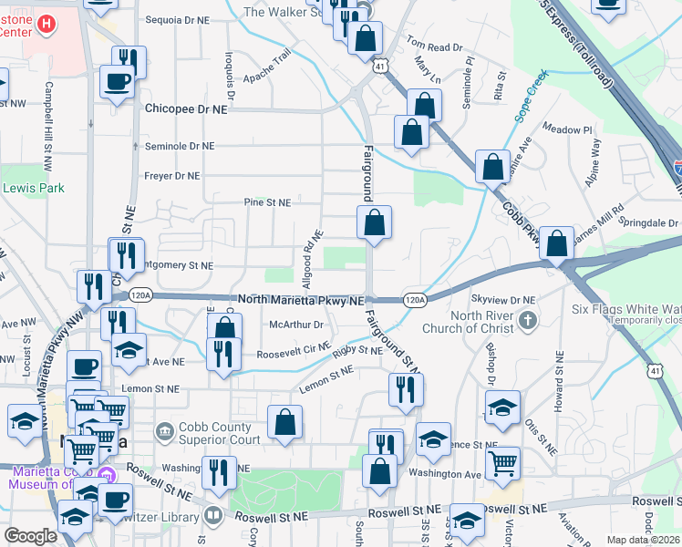 map of restaurants, bars, coffee shops, grocery stores, and more near 462 Birney Street Northeast in Marietta