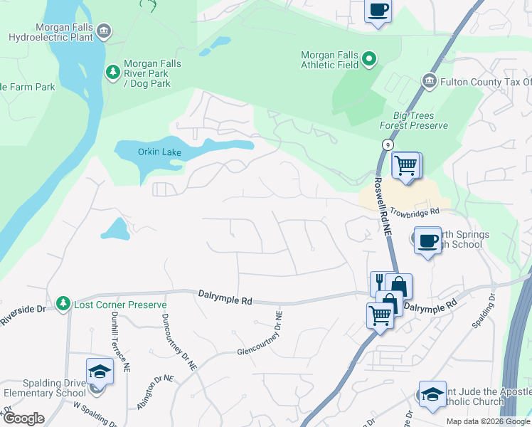 map of restaurants, bars, coffee shops, grocery stores, and more near 7495 Old Maine Trail Northeast in Atlanta