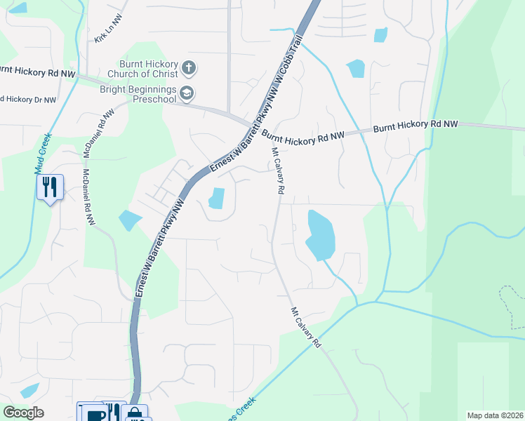 map of restaurants, bars, coffee shops, grocery stores, and more near 58 Mount Calvary Road in Marietta