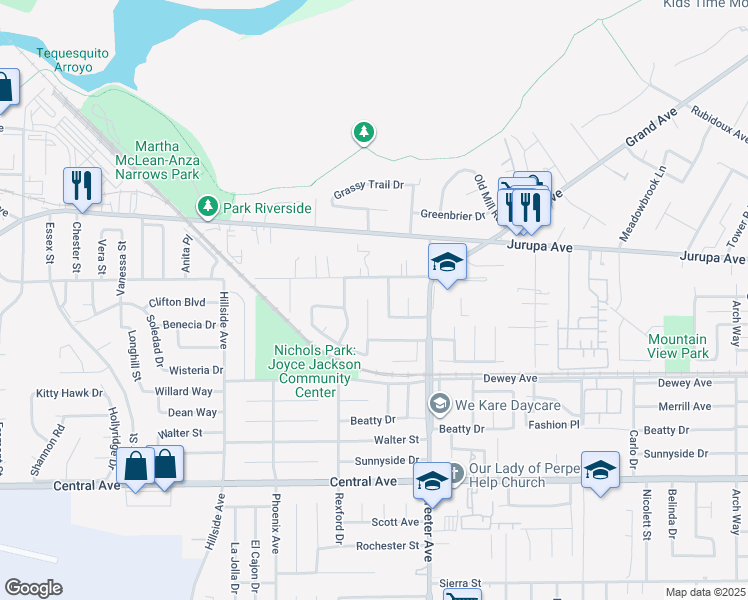 map of restaurants, bars, coffee shops, grocery stores, and more near 6164 Goldenrod Lane in Riverside