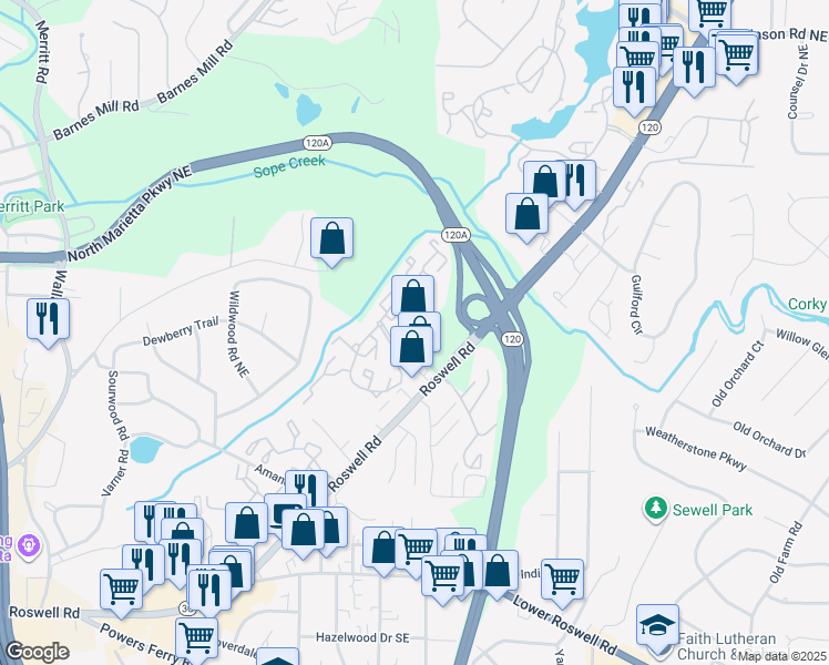 map of restaurants, bars, coffee shops, grocery stores, and more near 1803 Roswell Road in Marietta