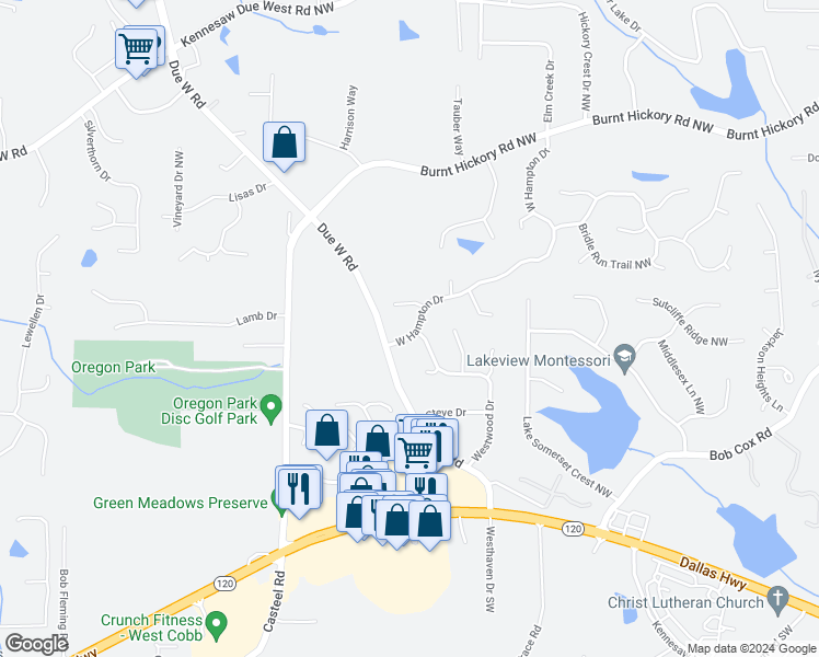 map of restaurants, bars, coffee shops, grocery stores, and more near 3590 West Hampton Drive in Marietta