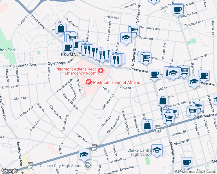 map of restaurants, bars, coffee shops, grocery stores, and more near 940 Hill Street in Athens