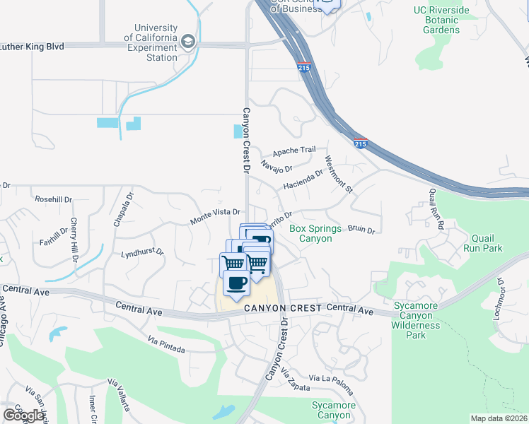 map of restaurants, bars, coffee shops, grocery stores, and more near 38 Crest Park Circle in Riverside