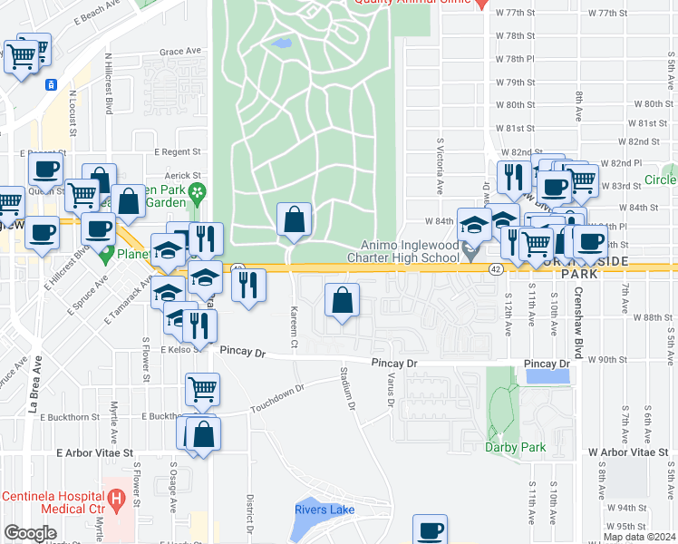 map of restaurants, bars, coffee shops, grocery stores, and more near 3814 Dunford Lane in Inglewood