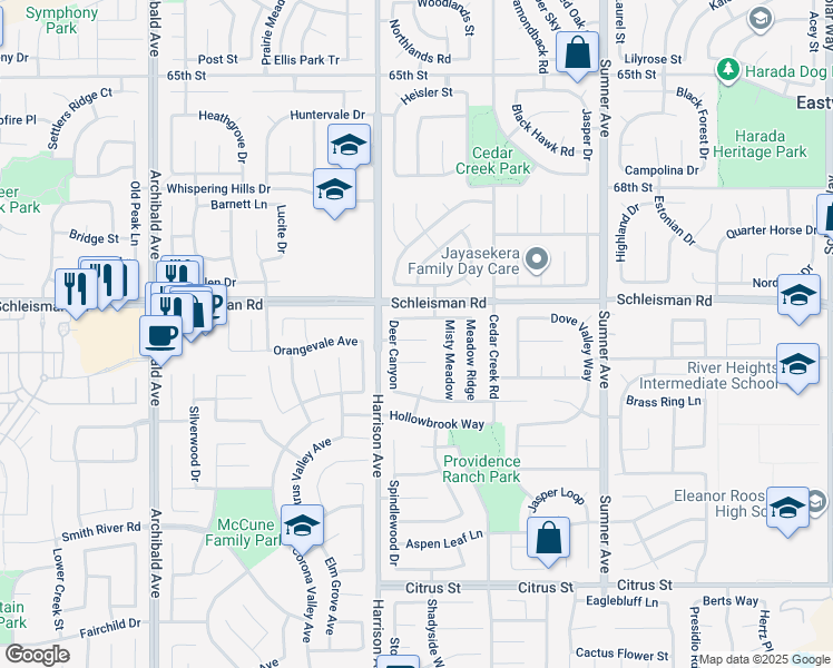 map of restaurants, bars, coffee shops, grocery stores, and more near 13742 Woodcrest Court in Corona