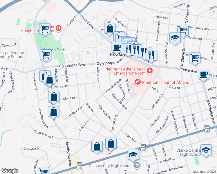 map of restaurants, bars, coffee shops, grocery stores, and more near 410 Pineneedle Road in Athens