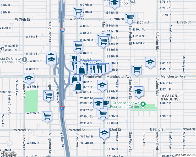 map of restaurants, bars, coffee shops, grocery stores, and more near 124 West Manchester Avenue in Los Angeles