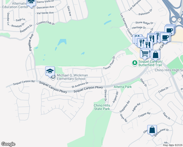 map of restaurants, bars, coffee shops, grocery stores, and more near 16155 Royal Troone Court in Chino Hills
