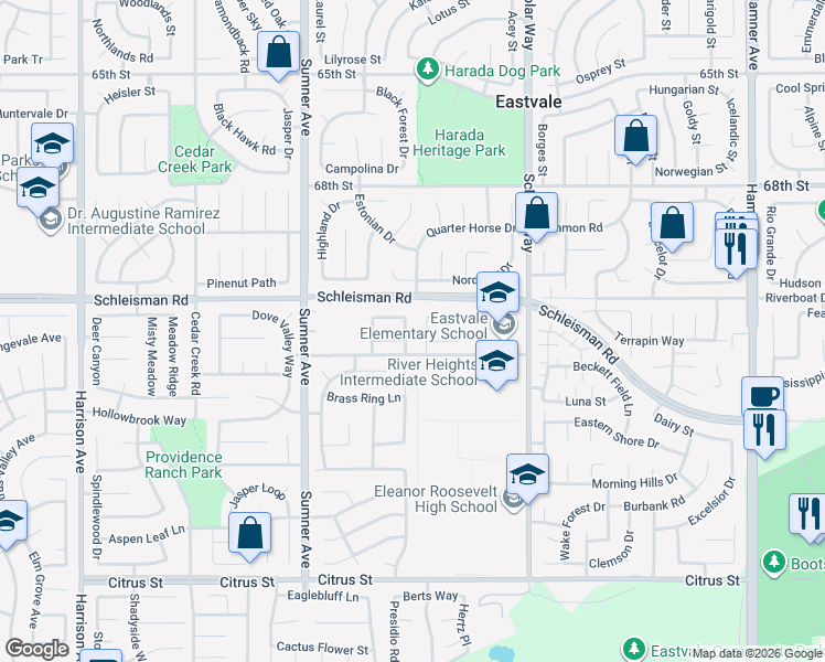map of restaurants, bars, coffee shops, grocery stores, and more near 7056 Calina Street in Corona