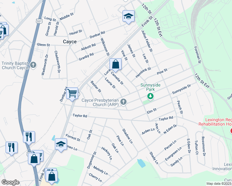 map of restaurants, bars, coffee shops, grocery stores, and more near 2342 Laurie Street in Cayce