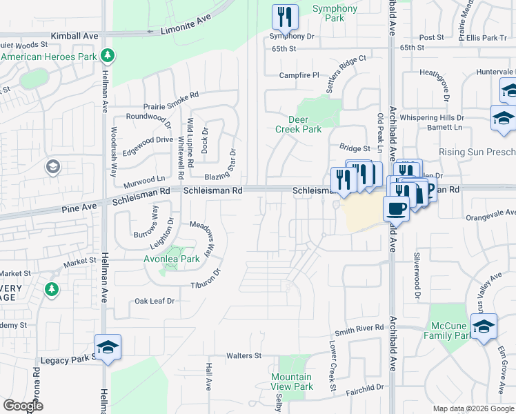 map of restaurants, bars, coffee shops, grocery stores, and more near 7072 Vernazza Place in Eastvale