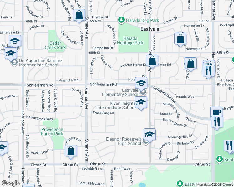map of restaurants, bars, coffee shops, grocery stores, and more near 7056 Calina Street in Corona