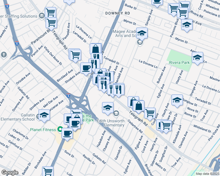 map of restaurants, bars, coffee shops, grocery stores, and more near 9133 Telegraph Road in Pico Rivera