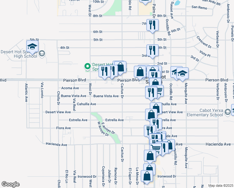 map of restaurants, bars, coffee shops, grocery stores, and more near 66212 Buena Vista Avenue in Desert Hot Springs