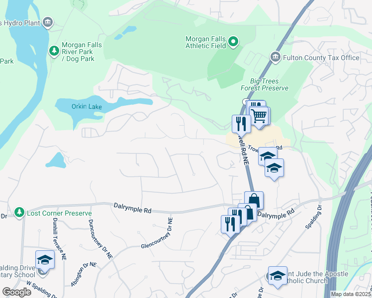 map of restaurants, bars, coffee shops, grocery stores, and more near 7510 Princeton Trce Northeast in Atlanta