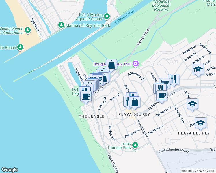 map of restaurants, bars, coffee shops, grocery stores, and more near 360 Pershing Drive in Los Angeles