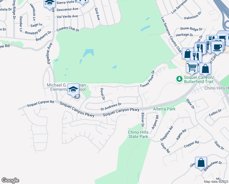 map of restaurants, bars, coffee shops, grocery stores, and more near 4484 Sawgrass Court in Chino Hills