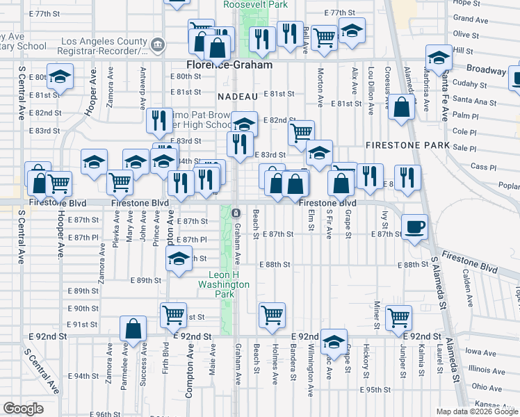 map of restaurants, bars, coffee shops, grocery stores, and more near 1754 Firestone Boulevard in Los Angeles