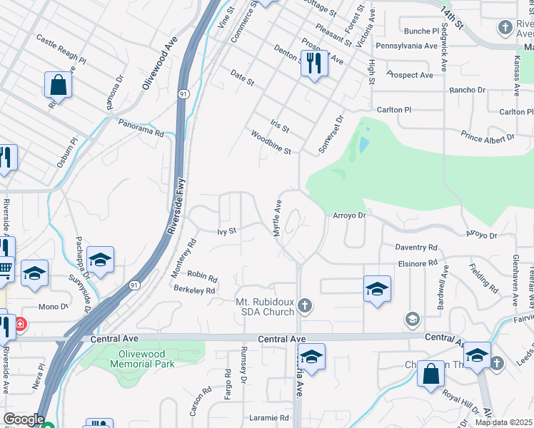map of restaurants, bars, coffee shops, grocery stores, and more near 5090 Rockledge Drive in Riverside