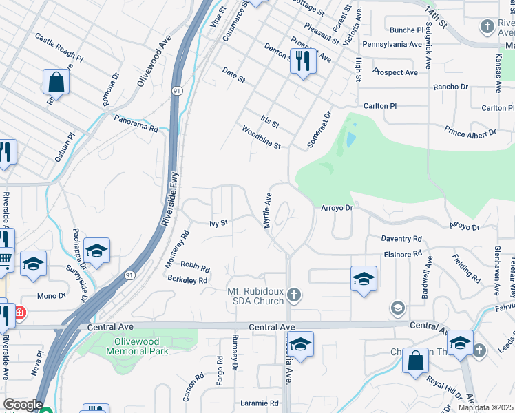 map of restaurants, bars, coffee shops, grocery stores, and more near 5090 Rockledge Dr in Riverside
