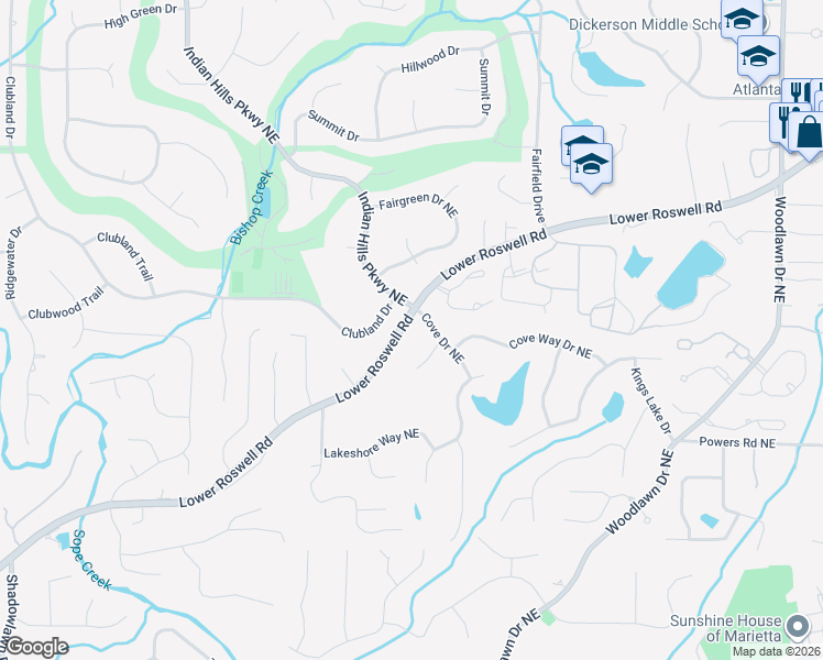 map of restaurants, bars, coffee shops, grocery stores, and more near 4160 Lower Roswell Road in Marietta