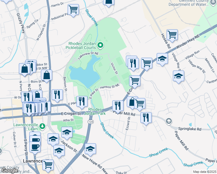 map of restaurants, bars, coffee shops, grocery stores, and more near Henson Street Northeast in Lawrenceville