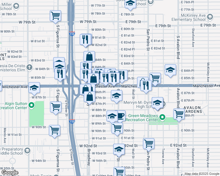 map of restaurants, bars, coffee shops, grocery stores, and more near 124 West Manchester Avenue in Los Angeles