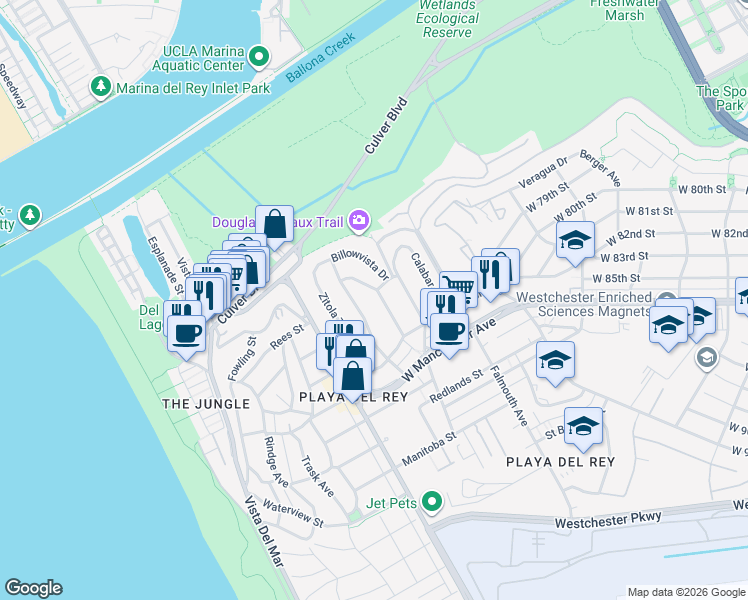 map of restaurants, bars, coffee shops, grocery stores, and more near 8205 Billowvista Drive in Los Angeles