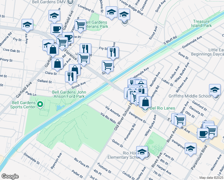 map of restaurants, bars, coffee shops, grocery stores, and more near 7236 Florence Avenue in Downey