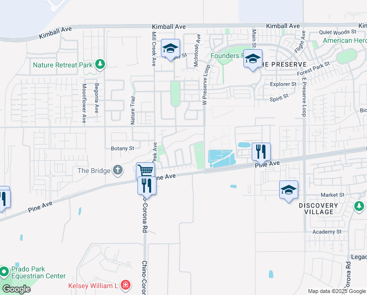 map of restaurants, bars, coffee shops, grocery stores, and more near 16193 Orion Avenue in Chino