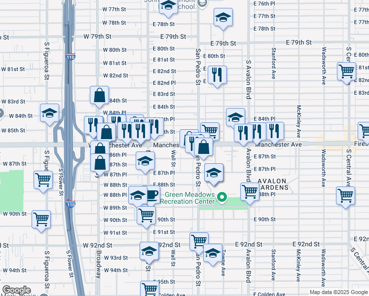 map of restaurants, bars, coffee shops, grocery stores, and more near 222 East Manchester Avenue in Los Angeles