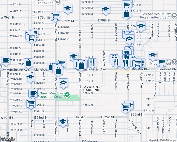 map of restaurants, bars, coffee shops, grocery stores, and more near 640 East Manchester Avenue in Los Angeles