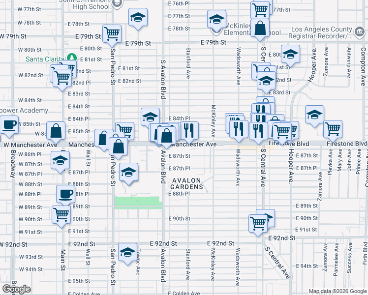 map of restaurants, bars, coffee shops, grocery stores, and more near 644 East Manchester Avenue in Los Angeles