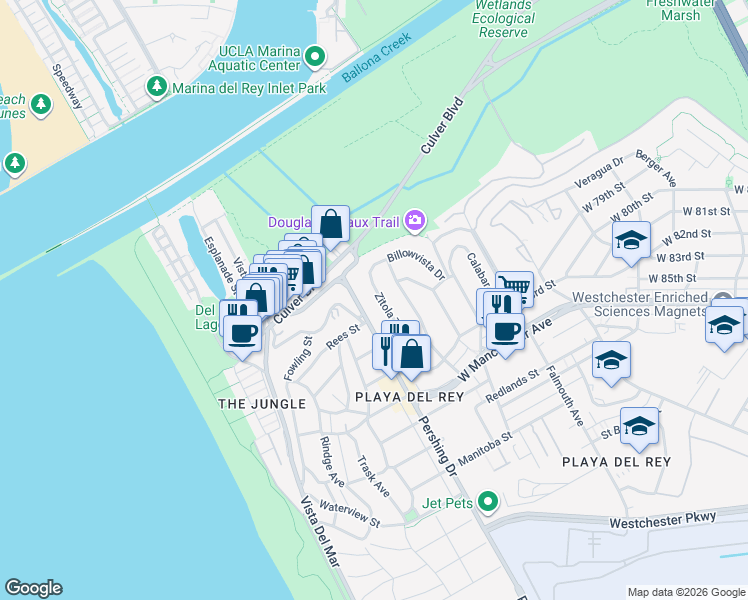 map of restaurants, bars, coffee shops, grocery stores, and more near 8128 Pershing Drive in Los Angeles