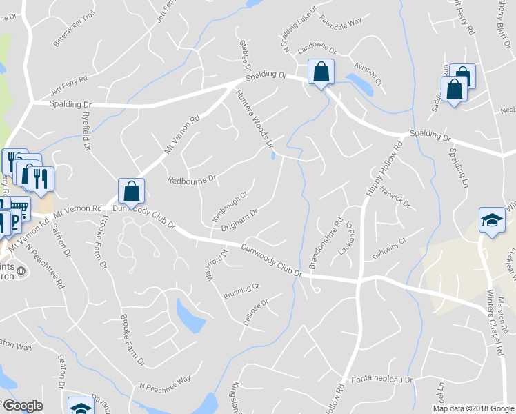 map of restaurants, bars, coffee shops, grocery stores, and more near 7600 Brigham Dr in Atlanta