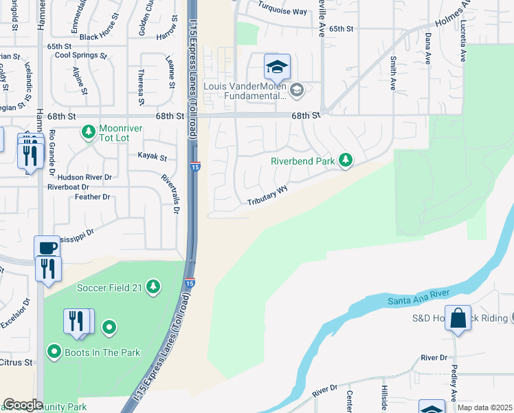 map of restaurants, bars, coffee shops, grocery stores, and more near 12045 Tributary Way in Jurupa Valley