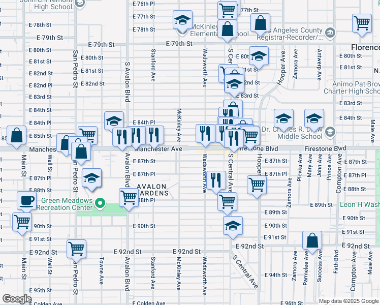 map of restaurants, bars, coffee shops, grocery stores, and more near 820 East Manchester Avenue in Los Angeles