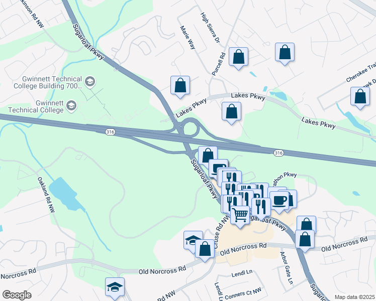 map of restaurants, bars, coffee shops, grocery stores, and more near 1128 Sugarloaf Parkway in Lawrenceville