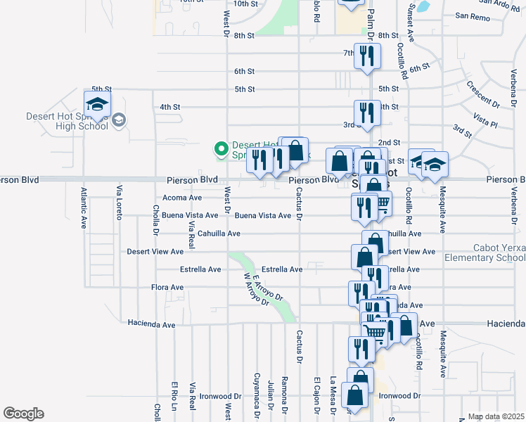 map of restaurants, bars, coffee shops, grocery stores, and more near 66124 Buena Vista Avenue in Desert Hot Springs