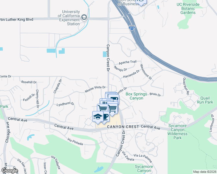 map of restaurants, bars, coffee shops, grocery stores, and more near 4995 Canyon Crest Drive in Riverside