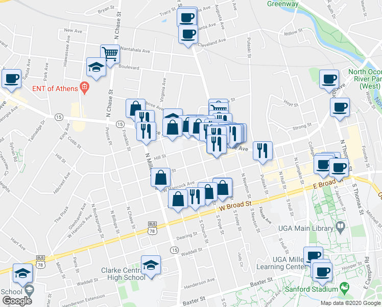 map of restaurants, bars, coffee shops, grocery stores, and more near 257 Hill Street in Athens