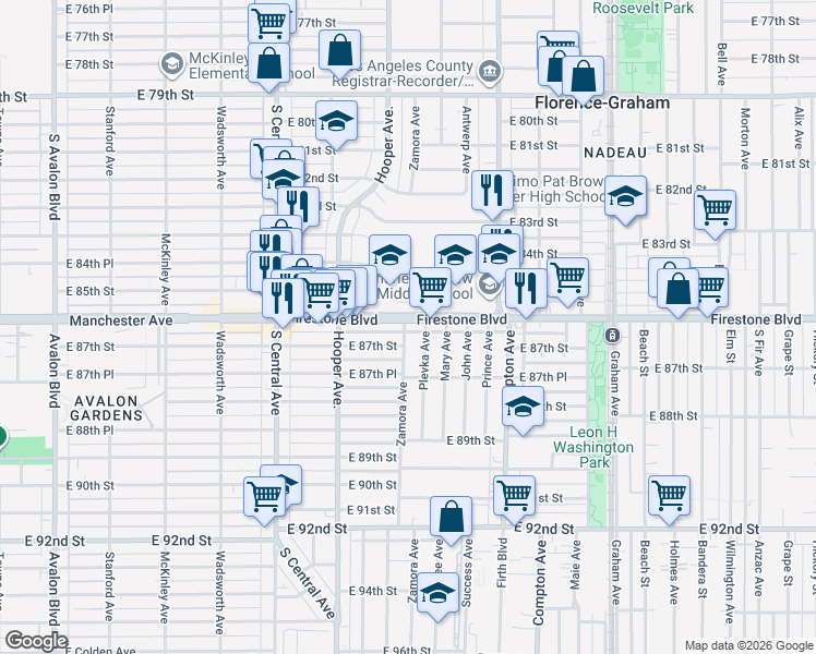 map of restaurants, bars, coffee shops, grocery stores, and more near 1308 Firestone Boulevard in Los Angeles